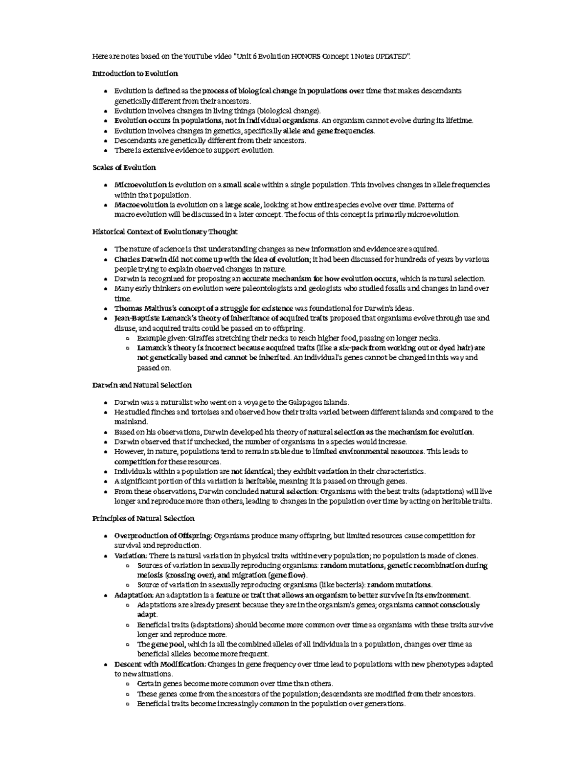 Evolution Unit Test - Honors Biology Exam Notes - Studocu