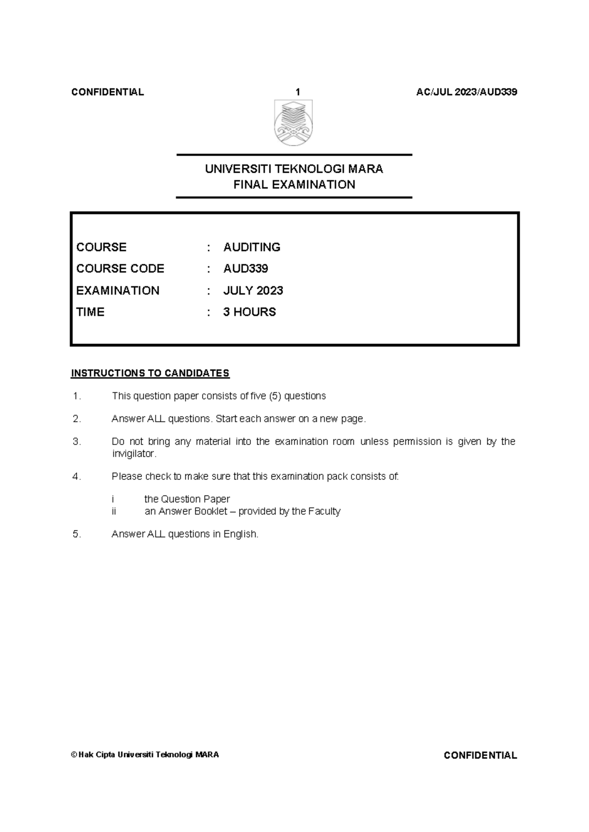 AUD339 Final Exam Paper: Auditing July 2023 - Studocu