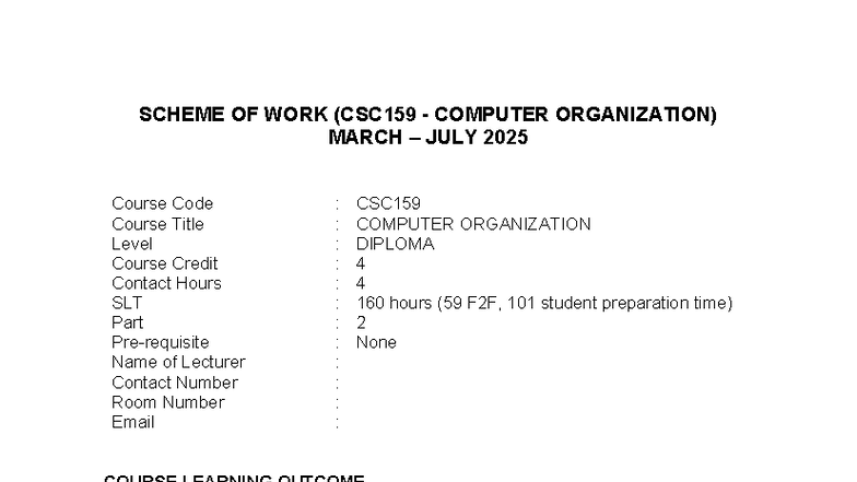Scheme of Work for CSC159 Computer Organization (Mar-Jul 2025) - Studocu