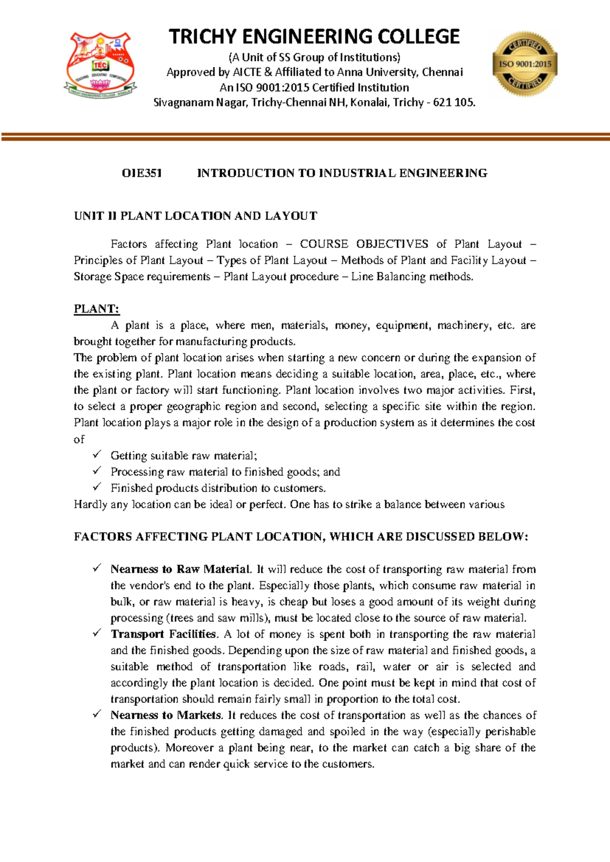OIE351 Unit II: Plant Location & Layout Factors in Industrial Engineering - Document Preview