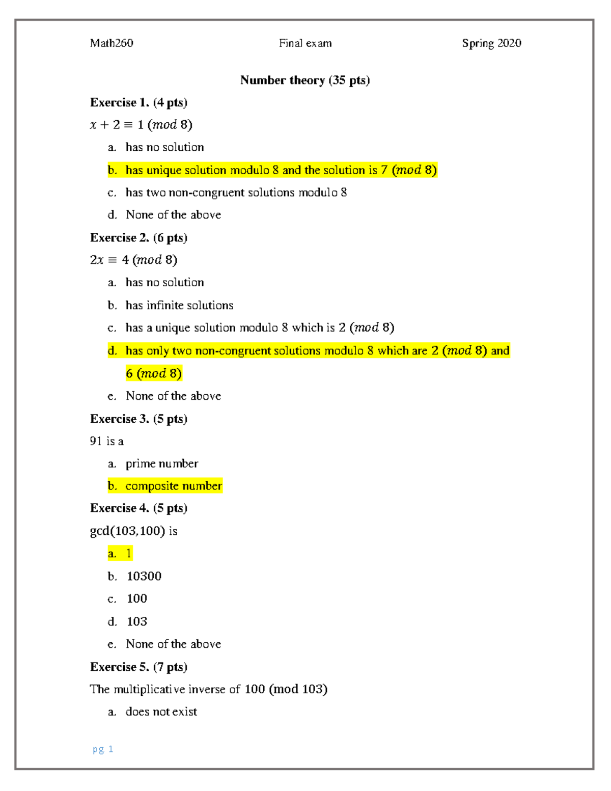 Math260 Final Exam Review Spring 2019-2020 LIU: Number Theory & Sets ...