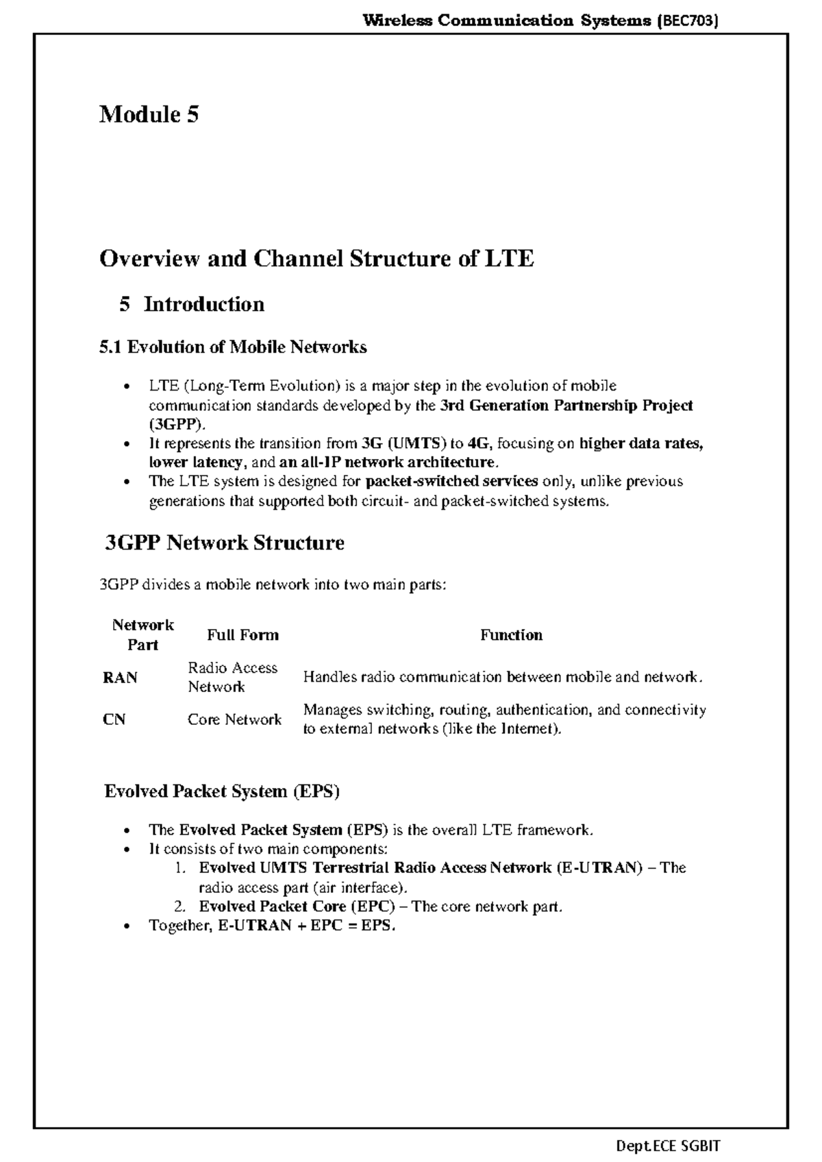 Wireless Communication Systems (BEC703) Module 5: LTE Overview ...