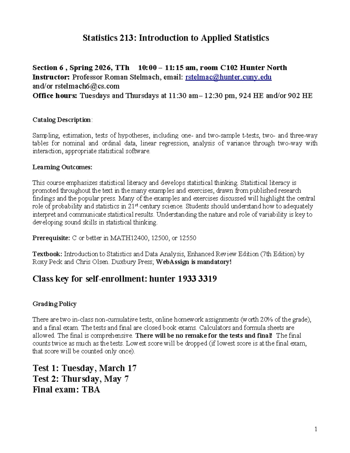 Statistics 213: Syllabus for Applied Statistics, Spring 2026 - Studocu