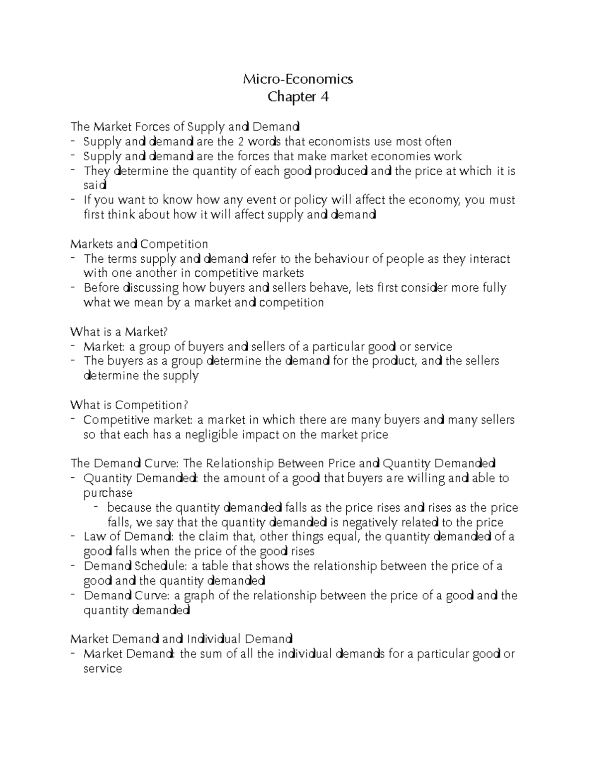 Microeconomics - Lecture Notes - Chapter 4: Supply and Demand Forces ...