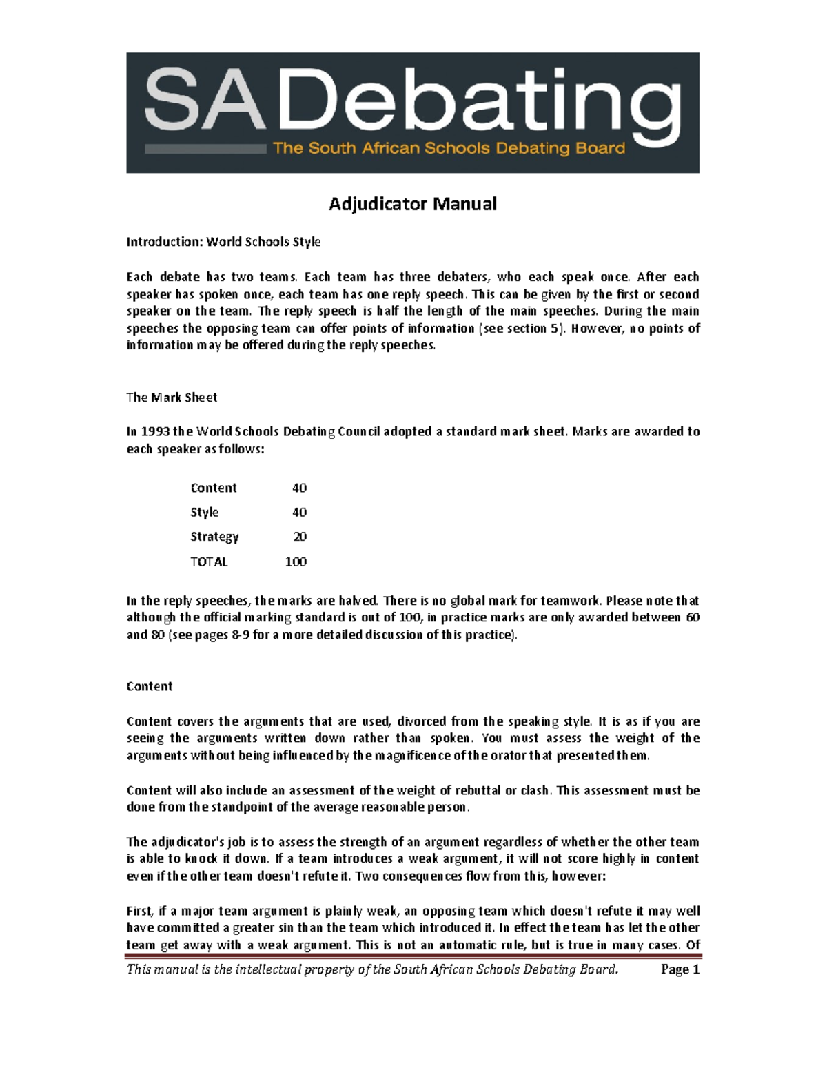 SASDB Adjudicator Manual: Guidelines for Effective Debating - Studocu