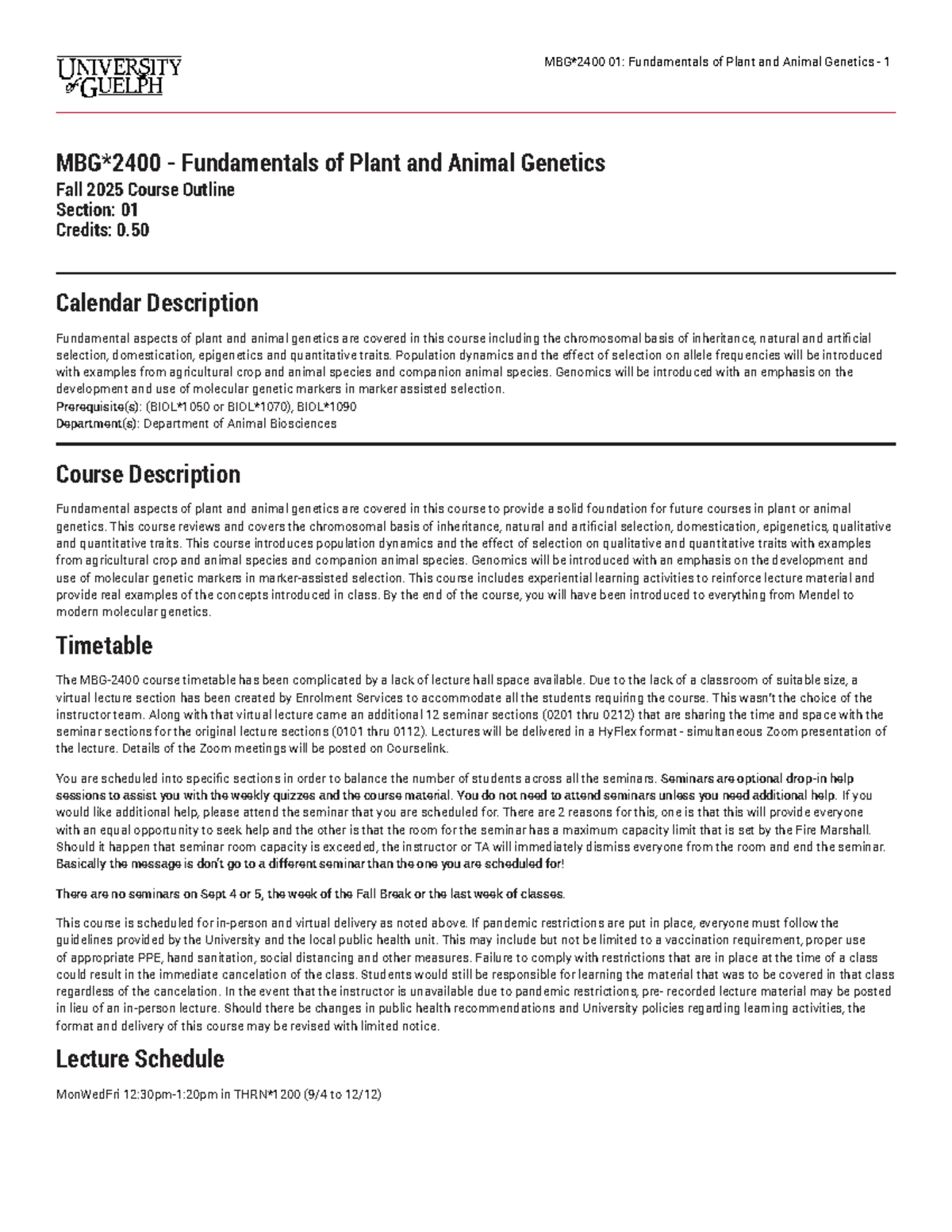 01: Fundamentals of Plant and Animal Genetics (MBG 2400) Course Outline ...