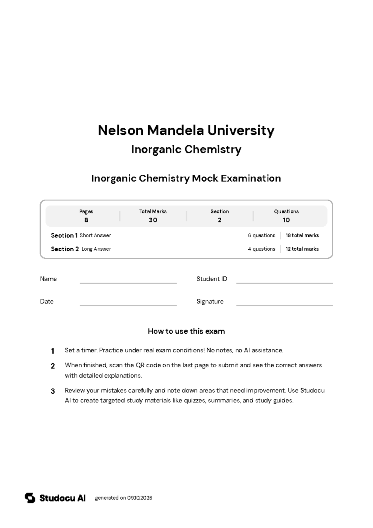 Inorganic Chemistry Mock Exam - Studocu