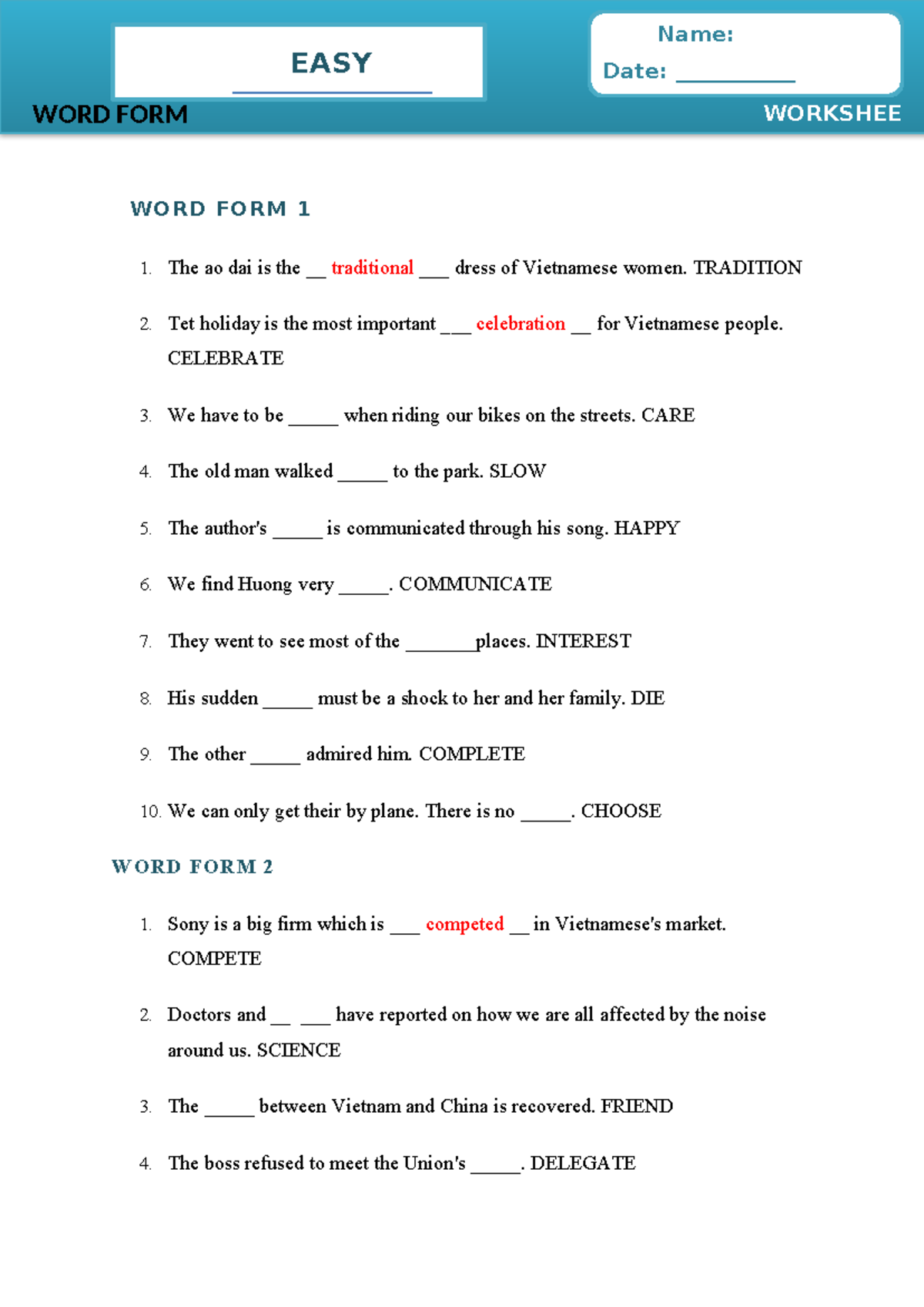 WORD FORM - Worksheet 1: Basic Exercises for Word Formation - Studocu