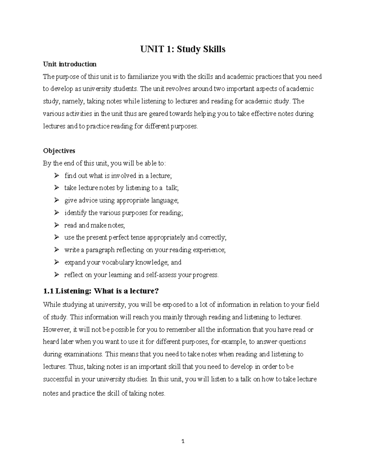 Com Eng I Module - Important - UNIT 1: Study Skills Unit introduction ...