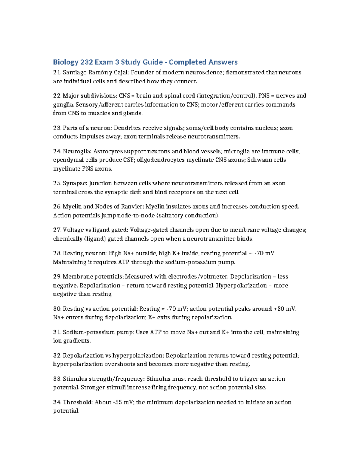 Biology 232 Exam 3 Study Guide: Key Concepts and Answers - Studocu