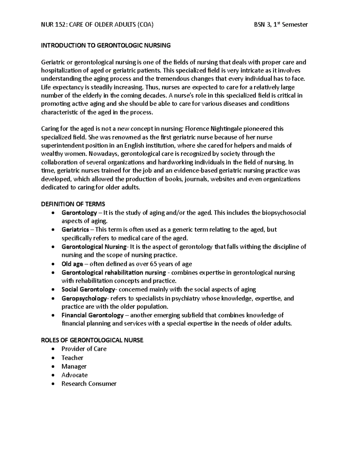 BS Nursing 3rd Year Gerontologic Nursing Lesson 1: Introduction to Care ...