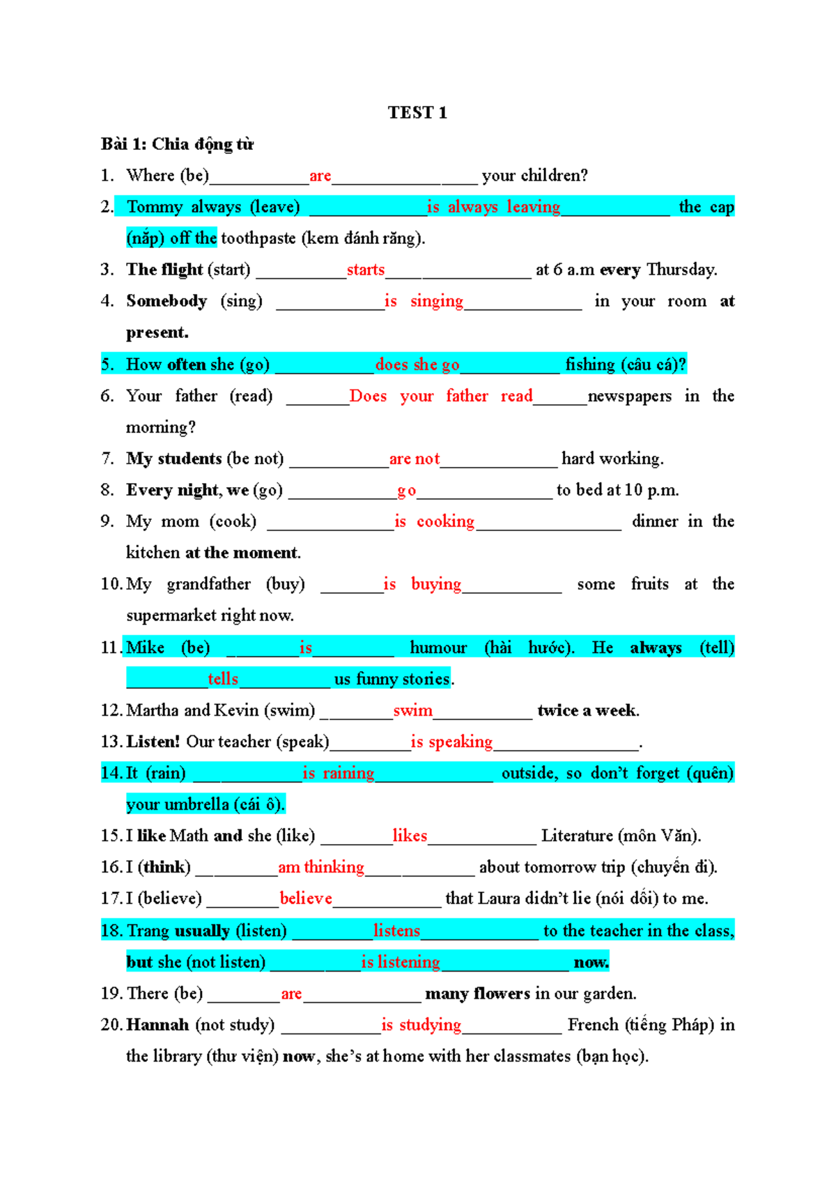 TEST 1 - Grammar Practice and Verb Forms - Studocu