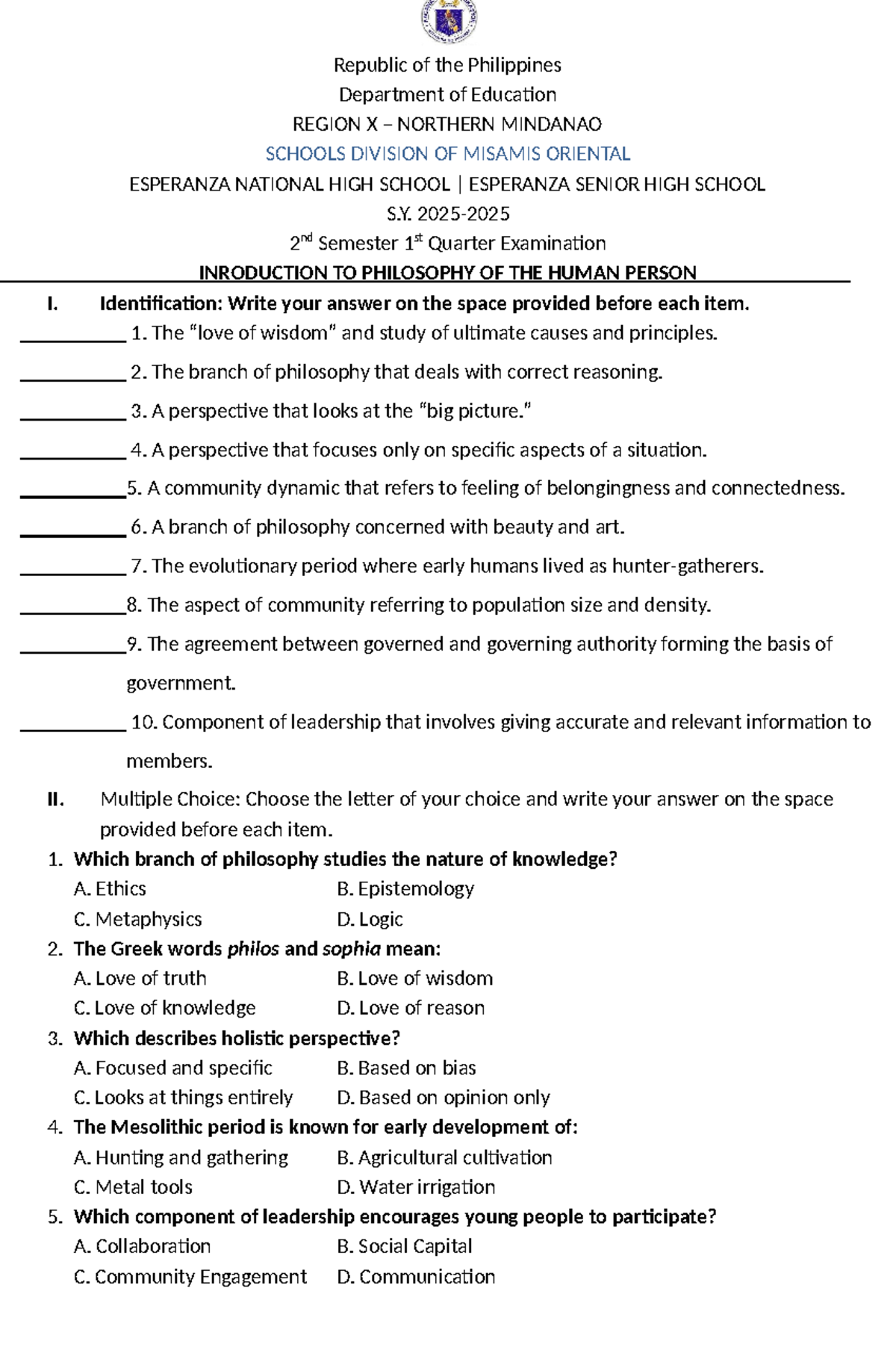 PHIL 101: Introduction to Philosophy of the Human Person 1st Quarter ...