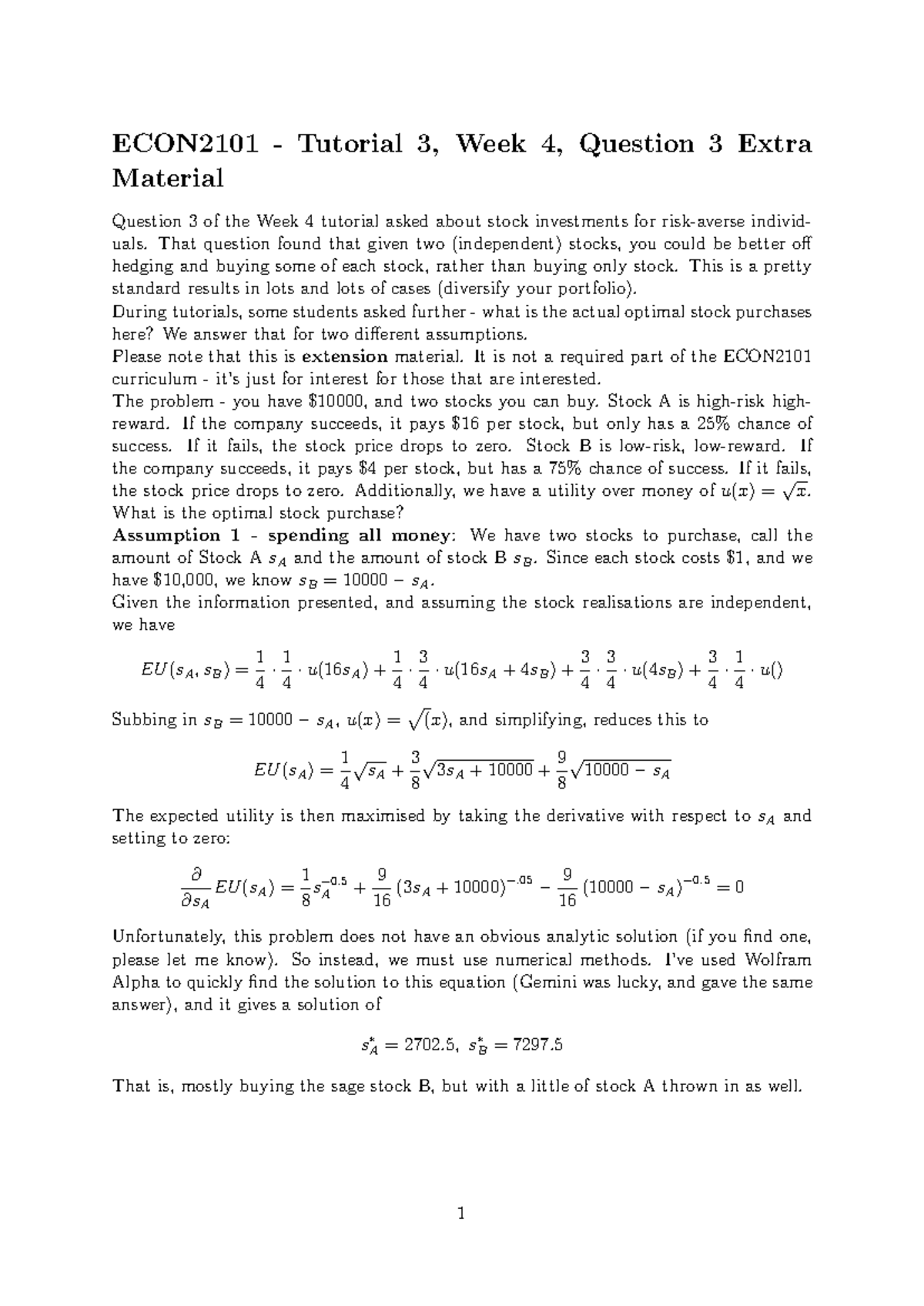 ECON2101 Tutorial 3 Week 4: Optimal Stock Investment Analysis - Studocu