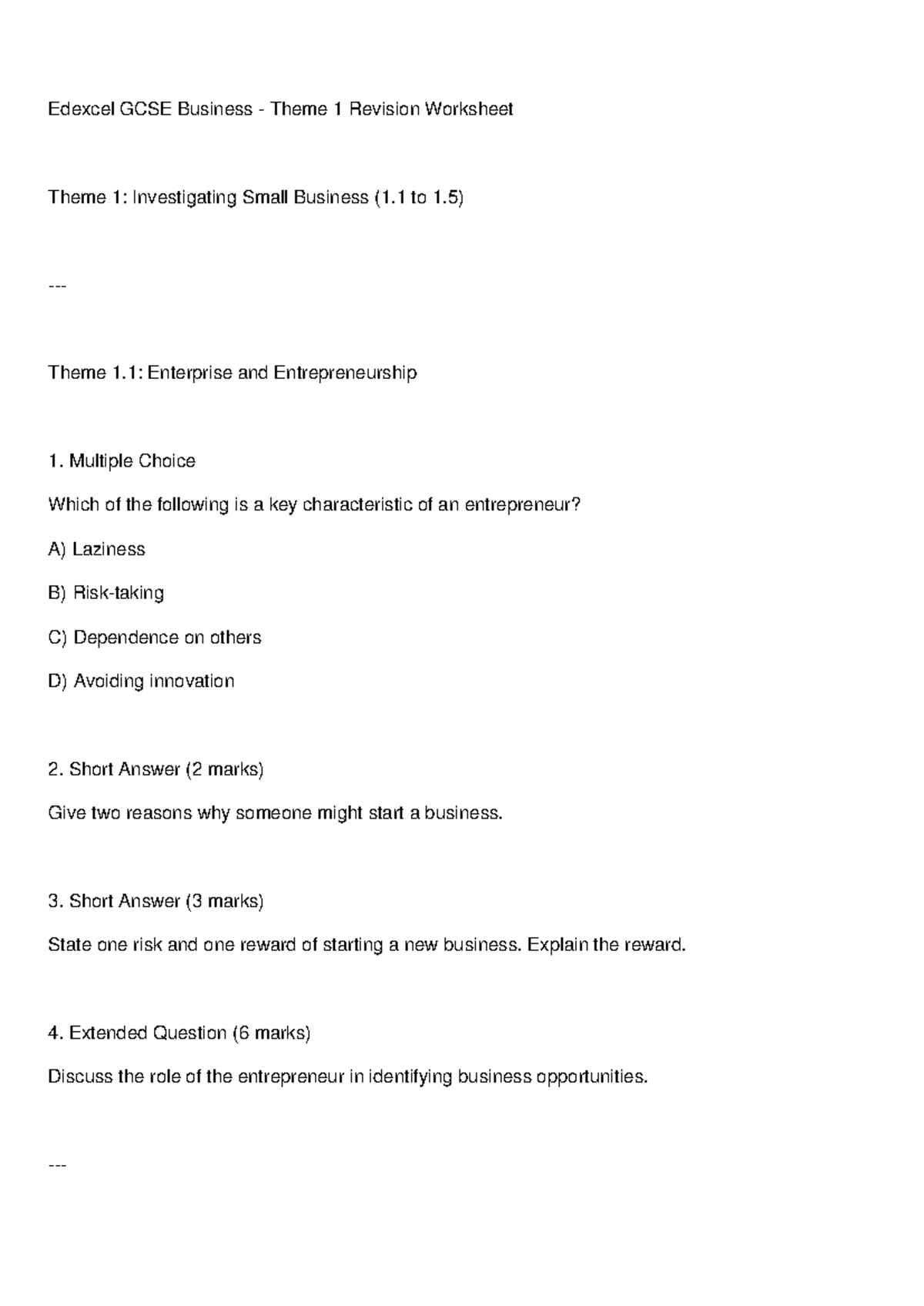 Edexcel GCSE Business Theme 1 Revision Worksheet: Small Business ...