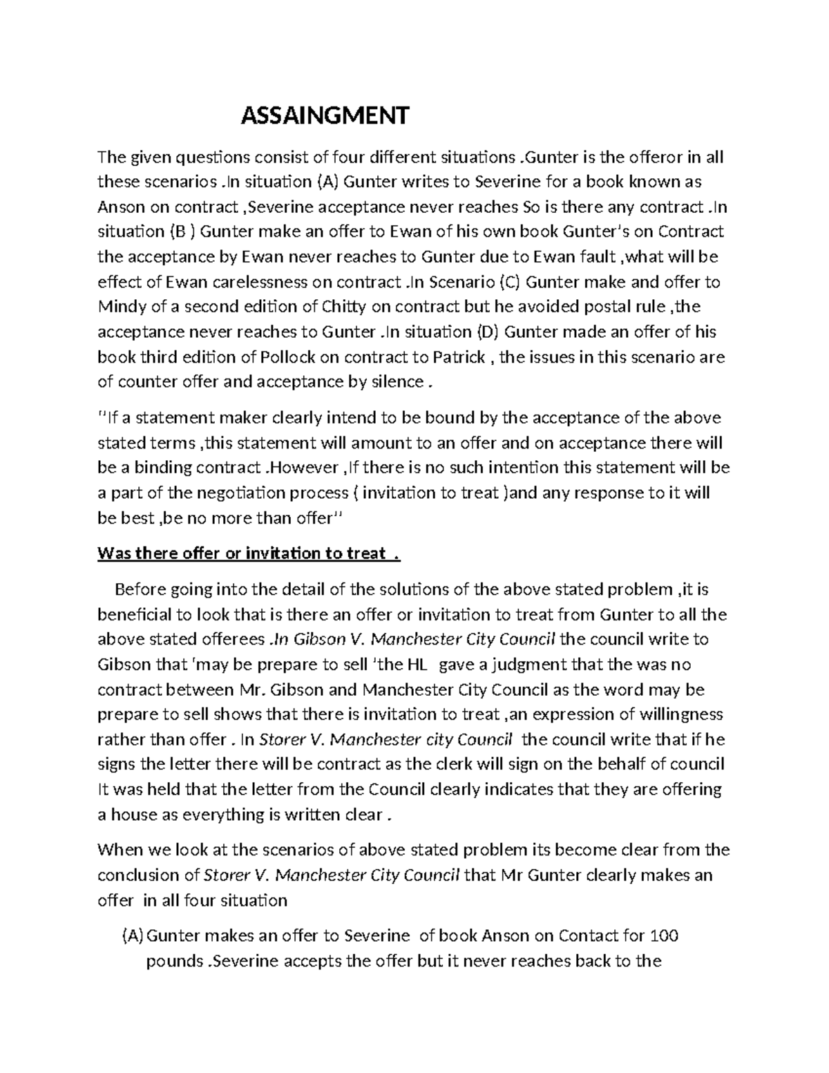 Assignment on Contract Law Scenarios (LAW 201) - Studocu