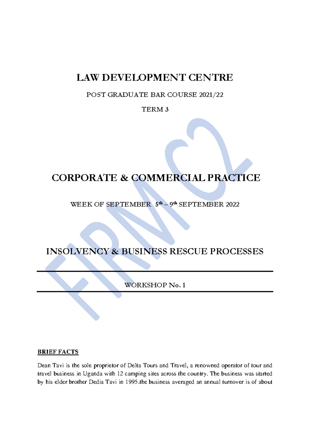 C2 Workshop 1 Insolvency - LAW DEVELOPMENT CENTRE POST GRADUATE BAR ...