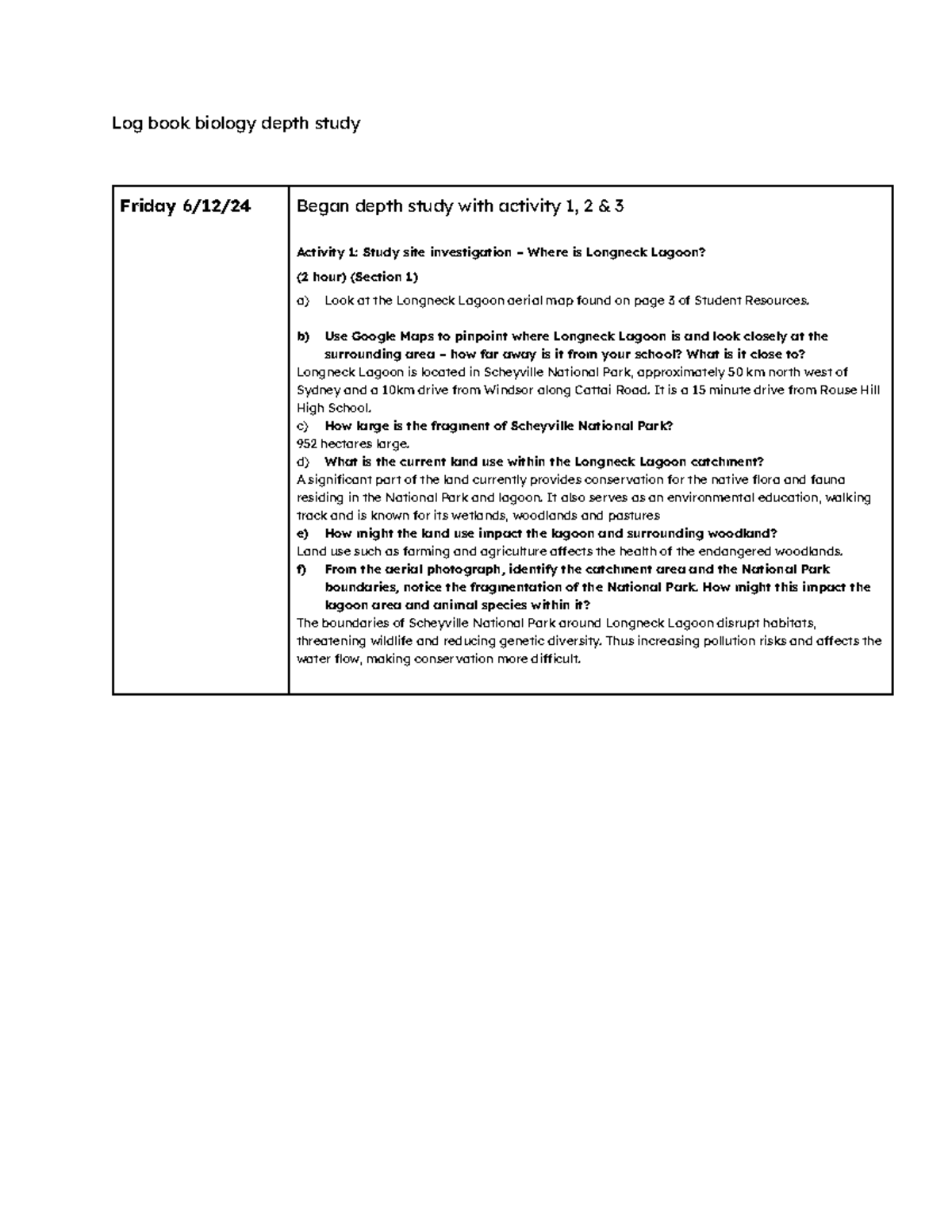 Biology Depth Study Log Book: Longneck Lagoon Investigation - Studocu