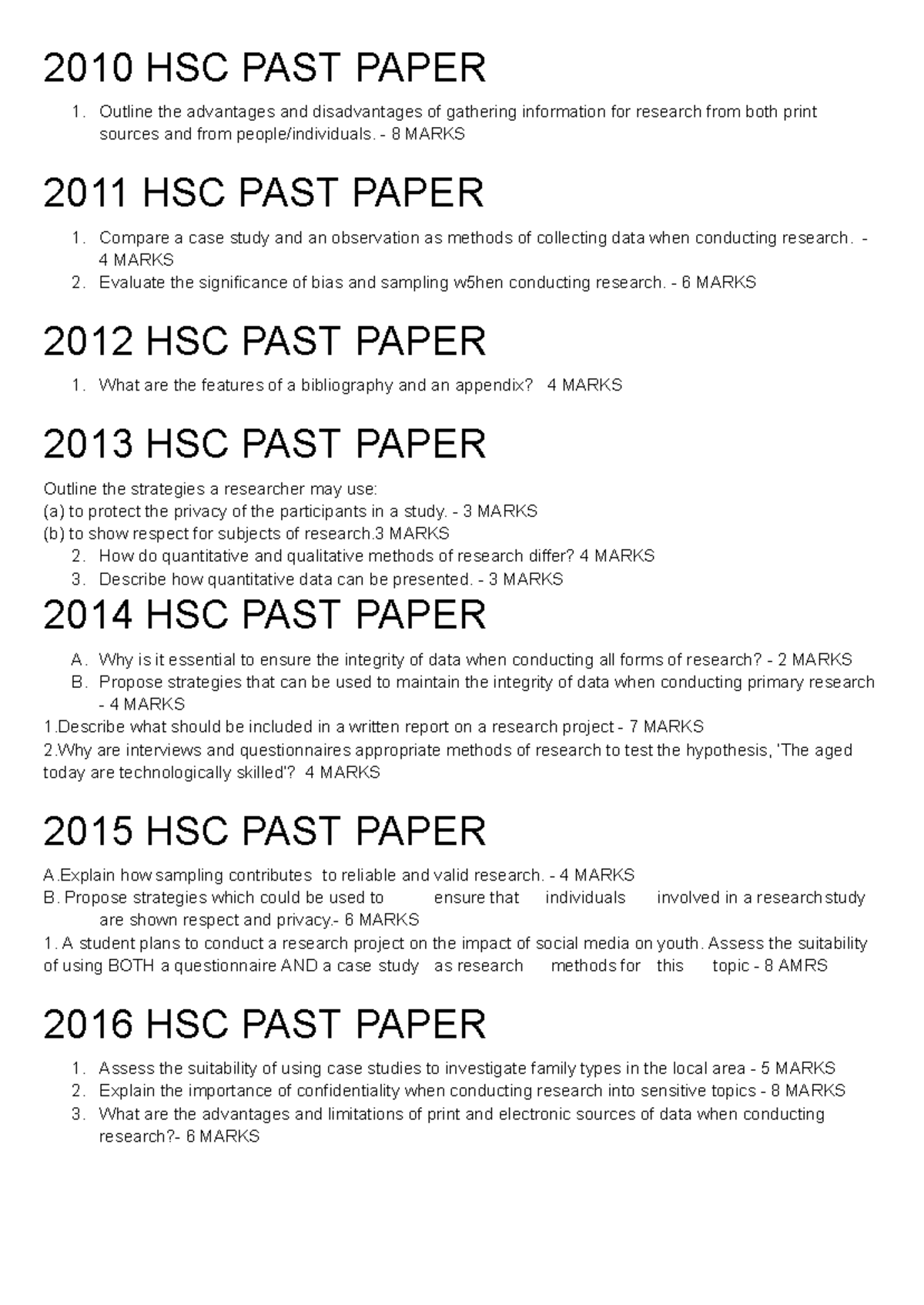 HSC Research Methodology Past Paper Questions from 2010 to 2023 - Studocu
