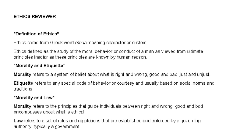 ETHICS 101: Comprehensive Ethics Reviewer and Key Concepts - Studocu