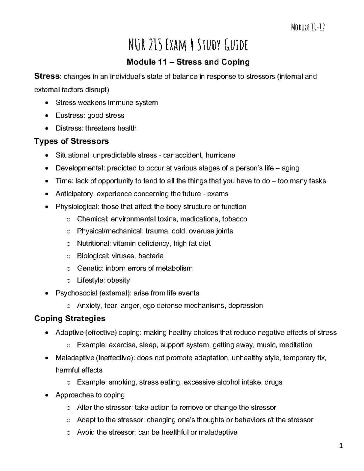 NUR215 Exam 4 Study Guide: Modules 11-12 on Stress, Coping, and ...