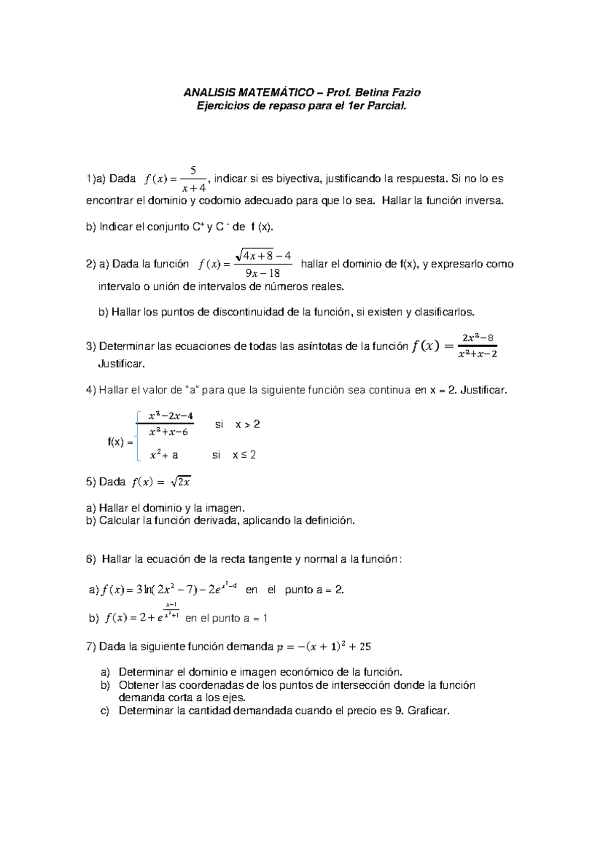 Ejercicios de Repaso para el 1er Parcial de Análisis Matemático 2024 ...