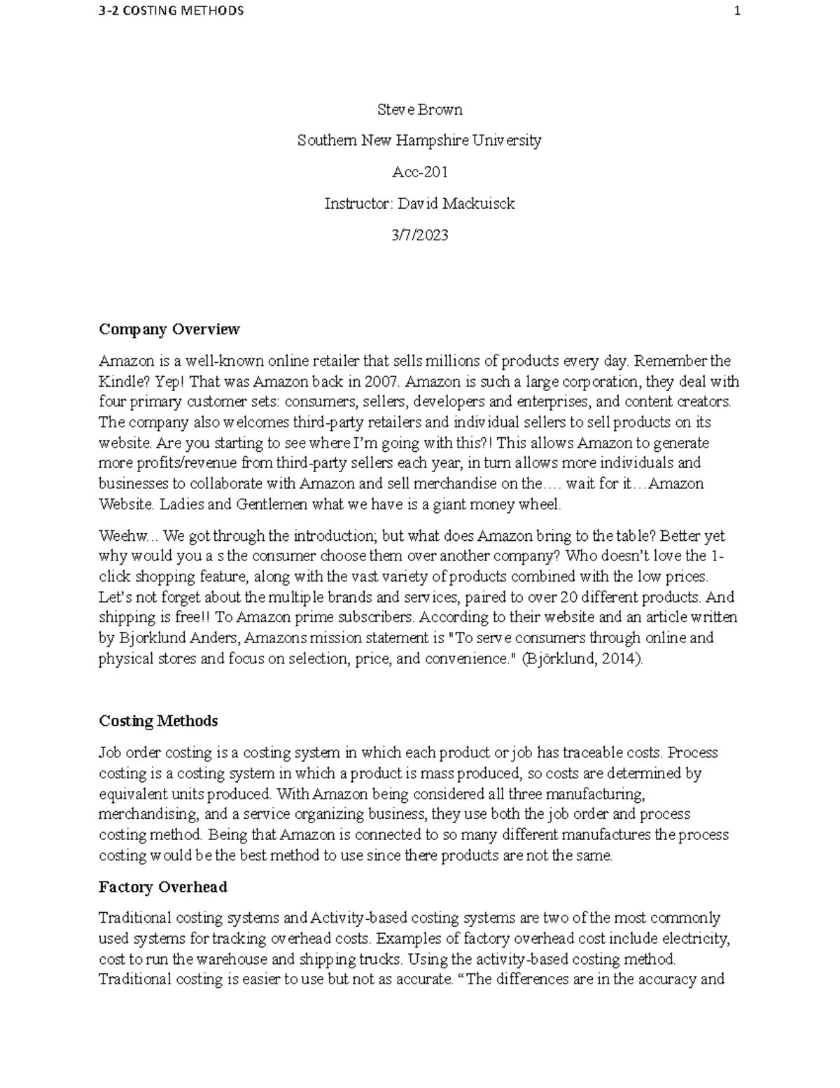Acc-202 3-2 Costing Methods Analysis for Amazon - Studocu