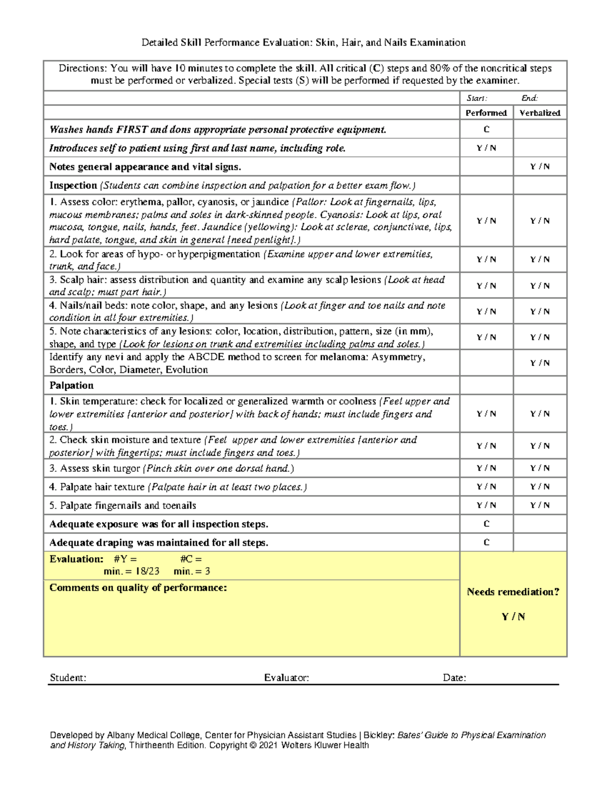 1st Check-off - Detailed Skill Performance Evaluation for PA Studies ...