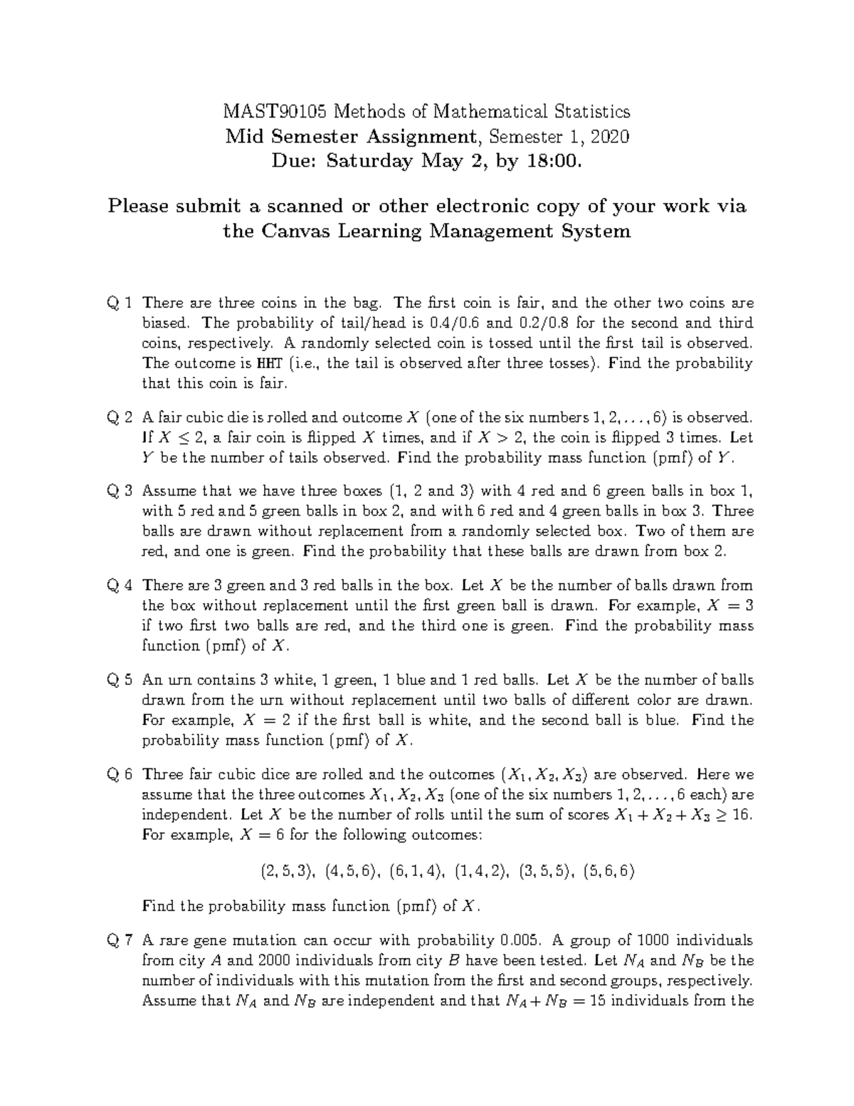 MAST90105 Methods of Mathematical Statistics Mid Semester Practice ...