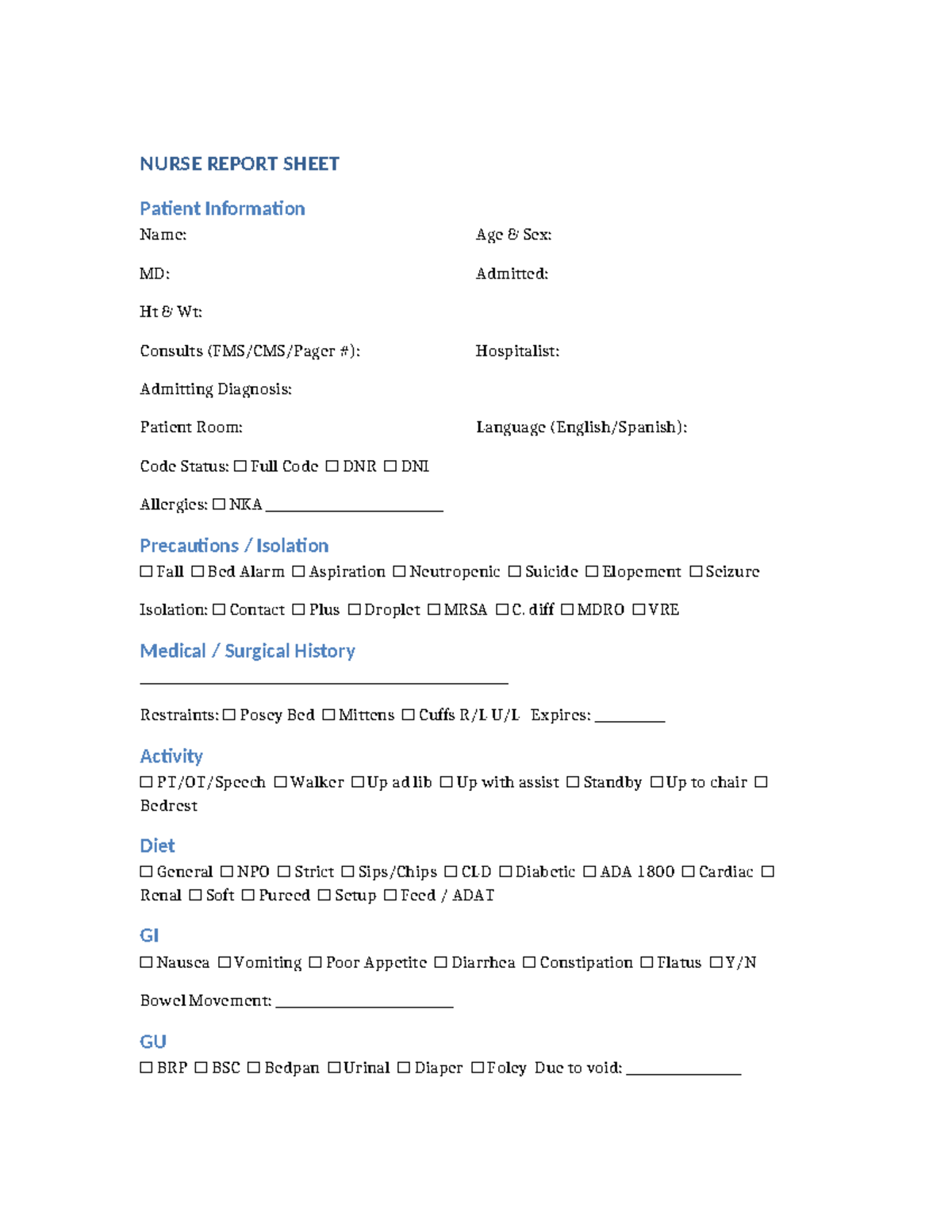 NUR 101: Comprehensive Nurse Report Sheet Template - Studocu