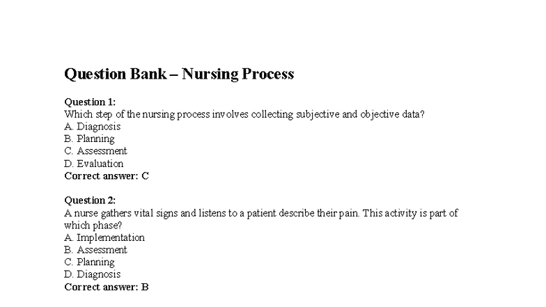 NUR 101: Nursing Process Question Bank for Exam Preparation - Studocu