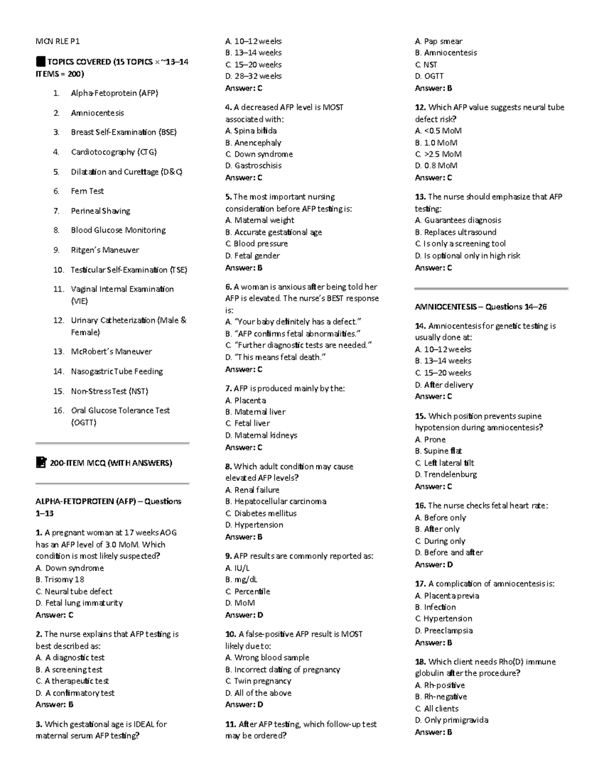 MCN RLE P1 MCQ Review: Key Topics and Answers - Studocu