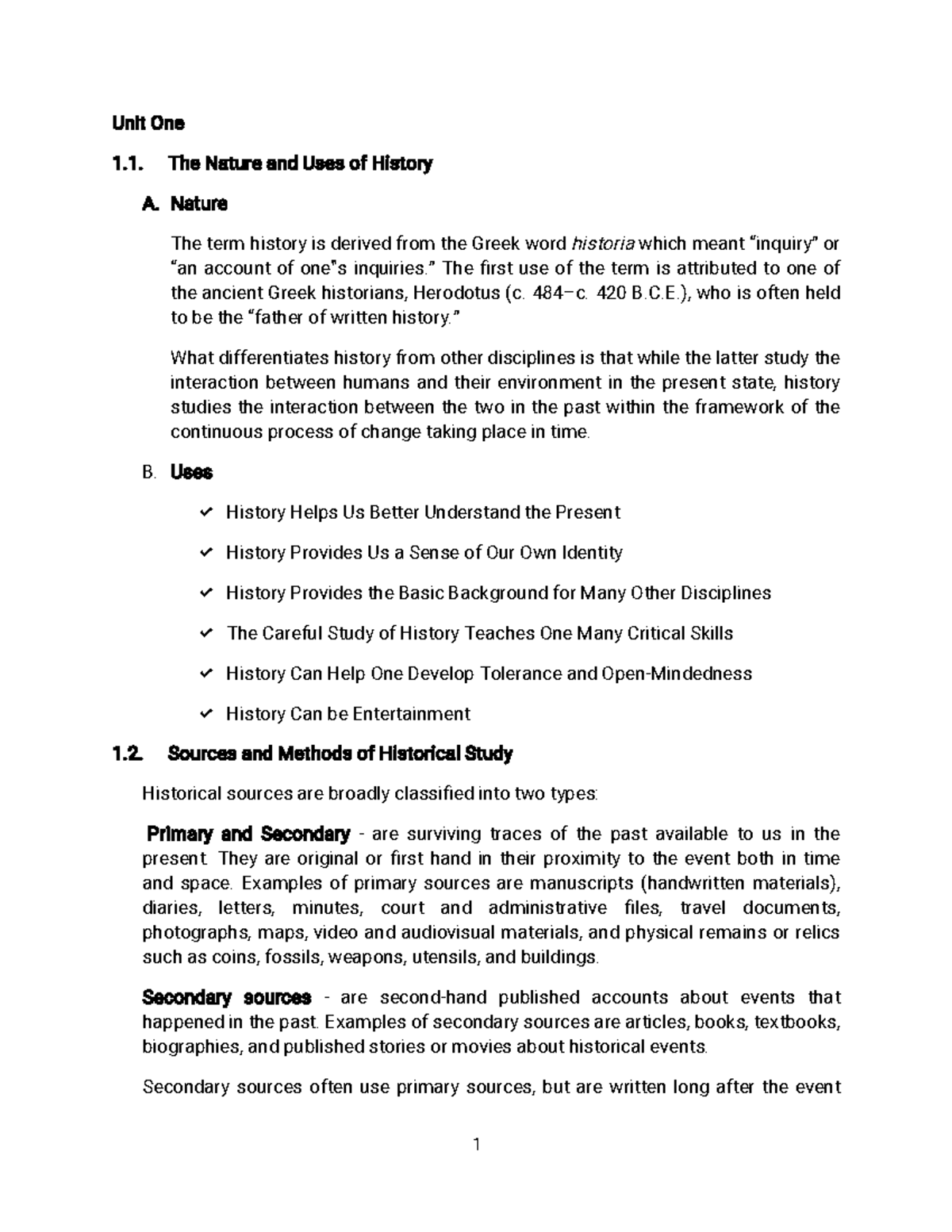 History Lecture Notes 1 (Chapters 1–7) - Unit One The Nature and Uses ...