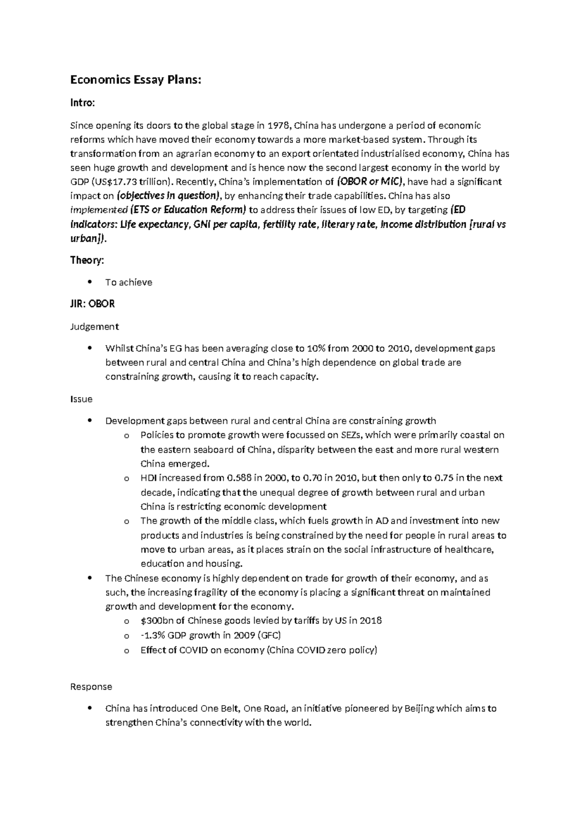 Economics Essay Plans: China's Economic Reforms & OBOR Impact - Studocu