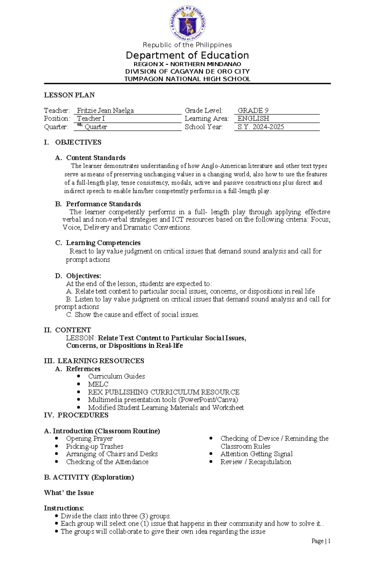 Q4 Wk1 d1 - SAMPLE ENGLISH LESSON PLAN - Republic of the Philippines ...