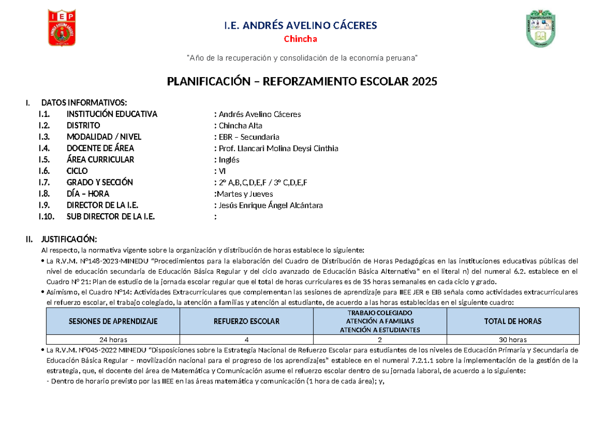 Plan de reforzamiento escolar 2025 para 3ro de secundaria - Document Preview