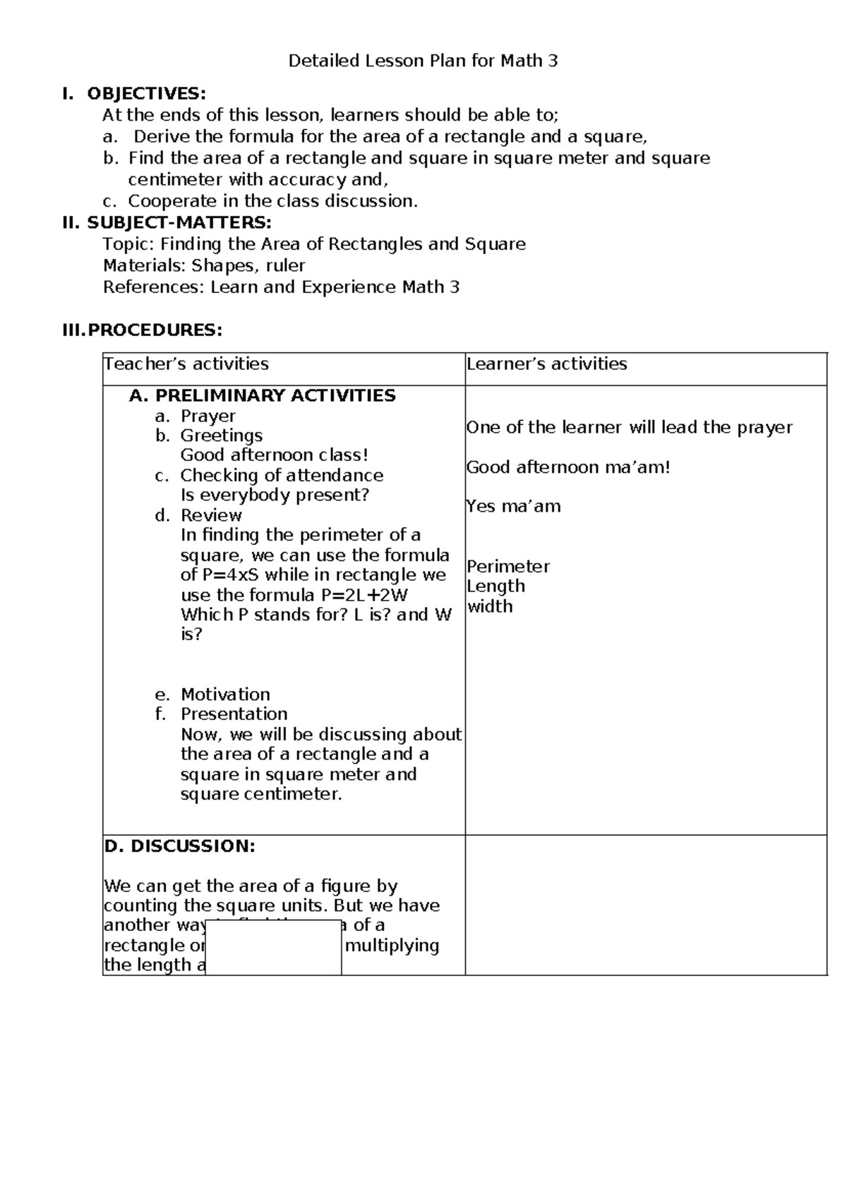 Math 3 Lesson Plan: Finding the Area of Rectangles & Squares - Studocu