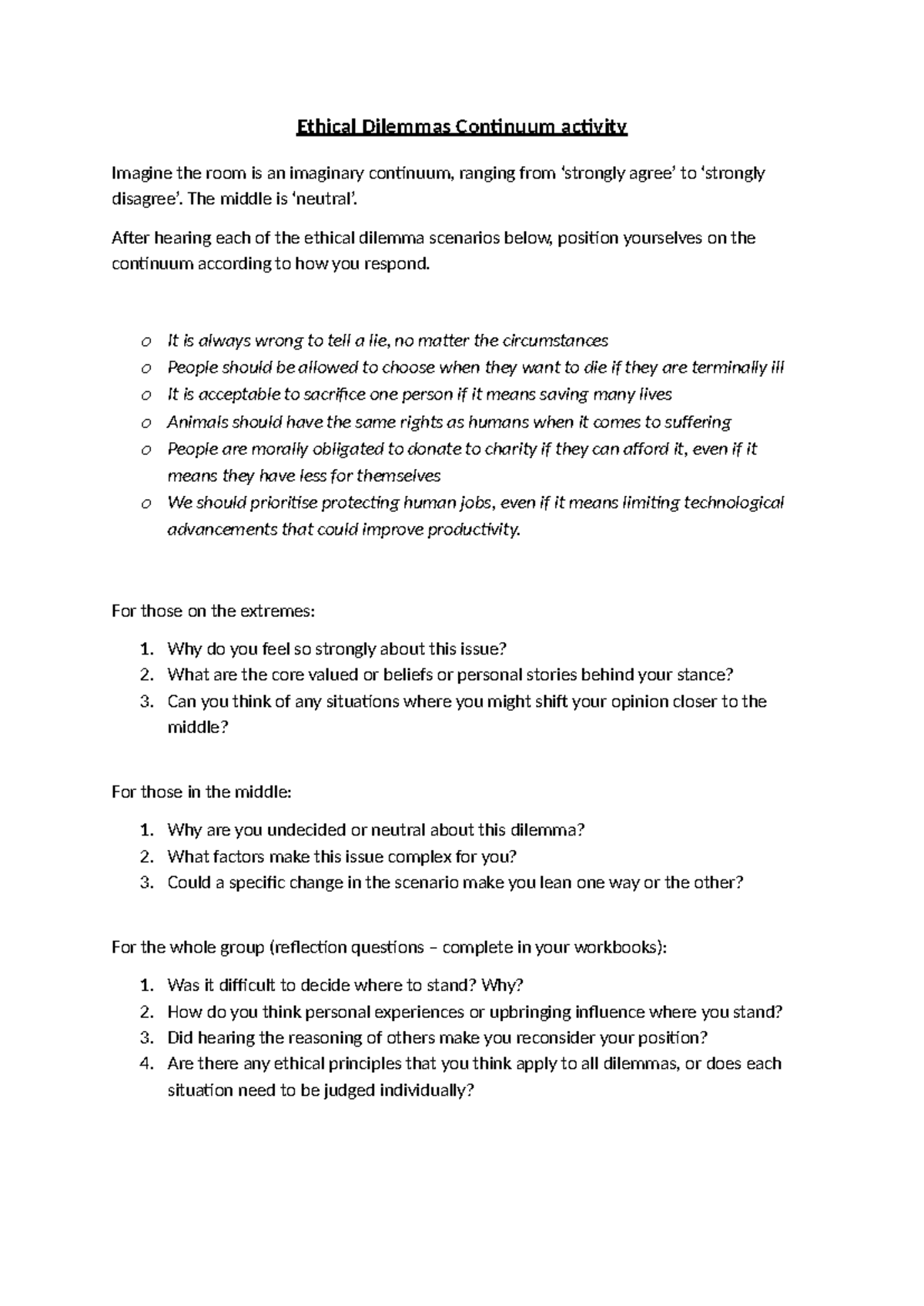 Ethical Dilemmas Continuum Activity: Exploring Moral Positions - Studocu