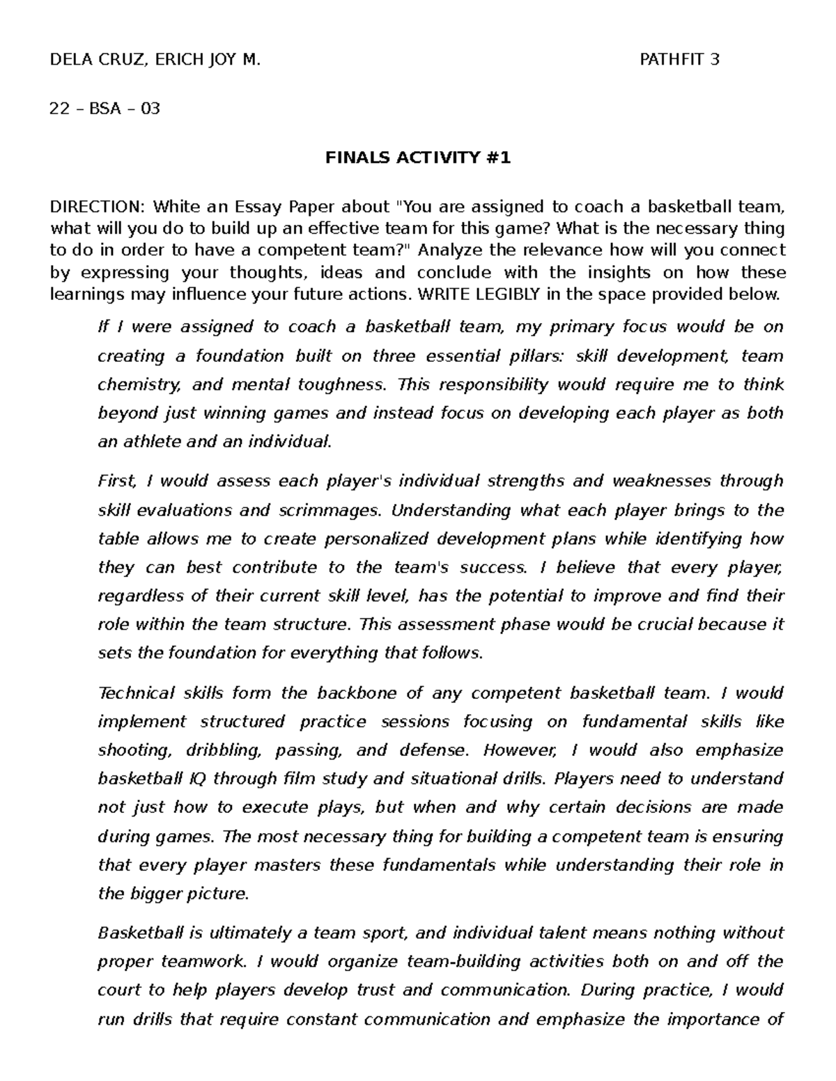 PATHFIT 3 22 BSA 03 Finals Essay: Building an Effective Basketball Team ...