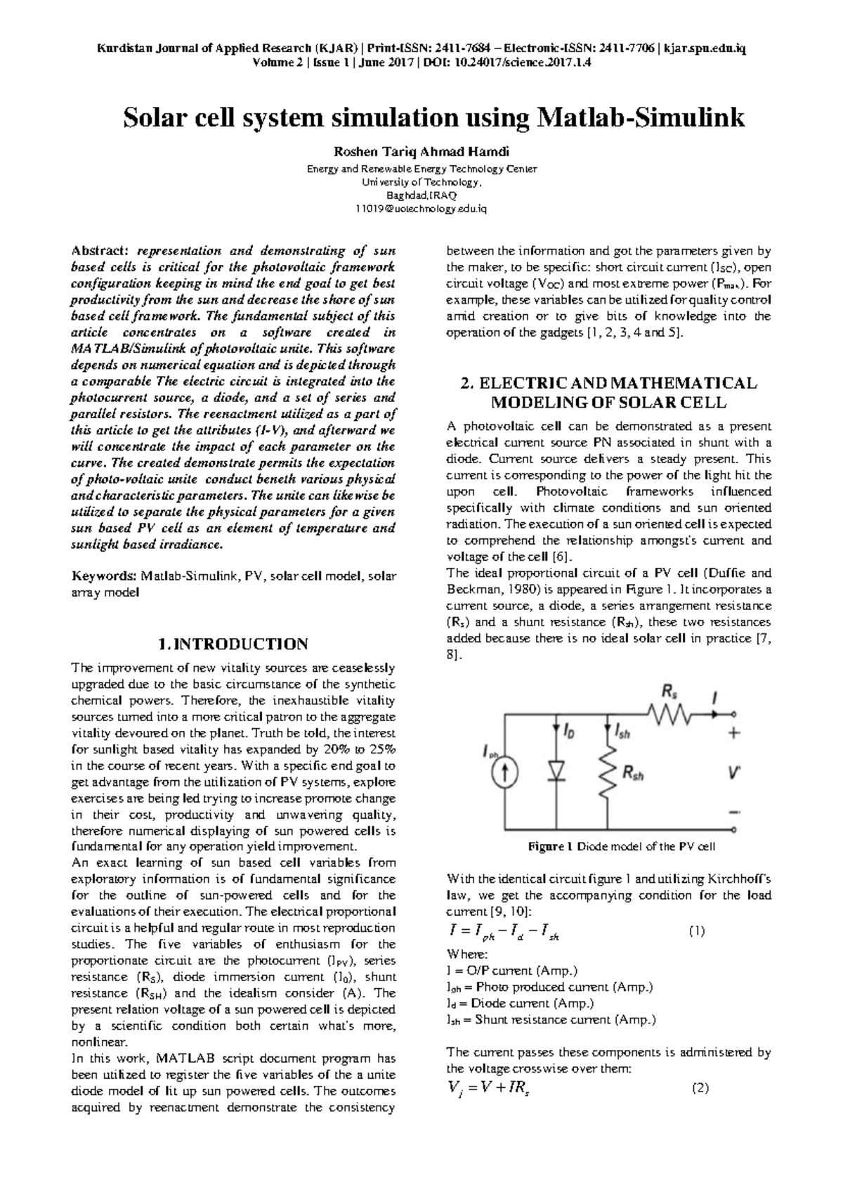 Solar cell system simulation using Matla - Kurdistan Journal of Applied ...