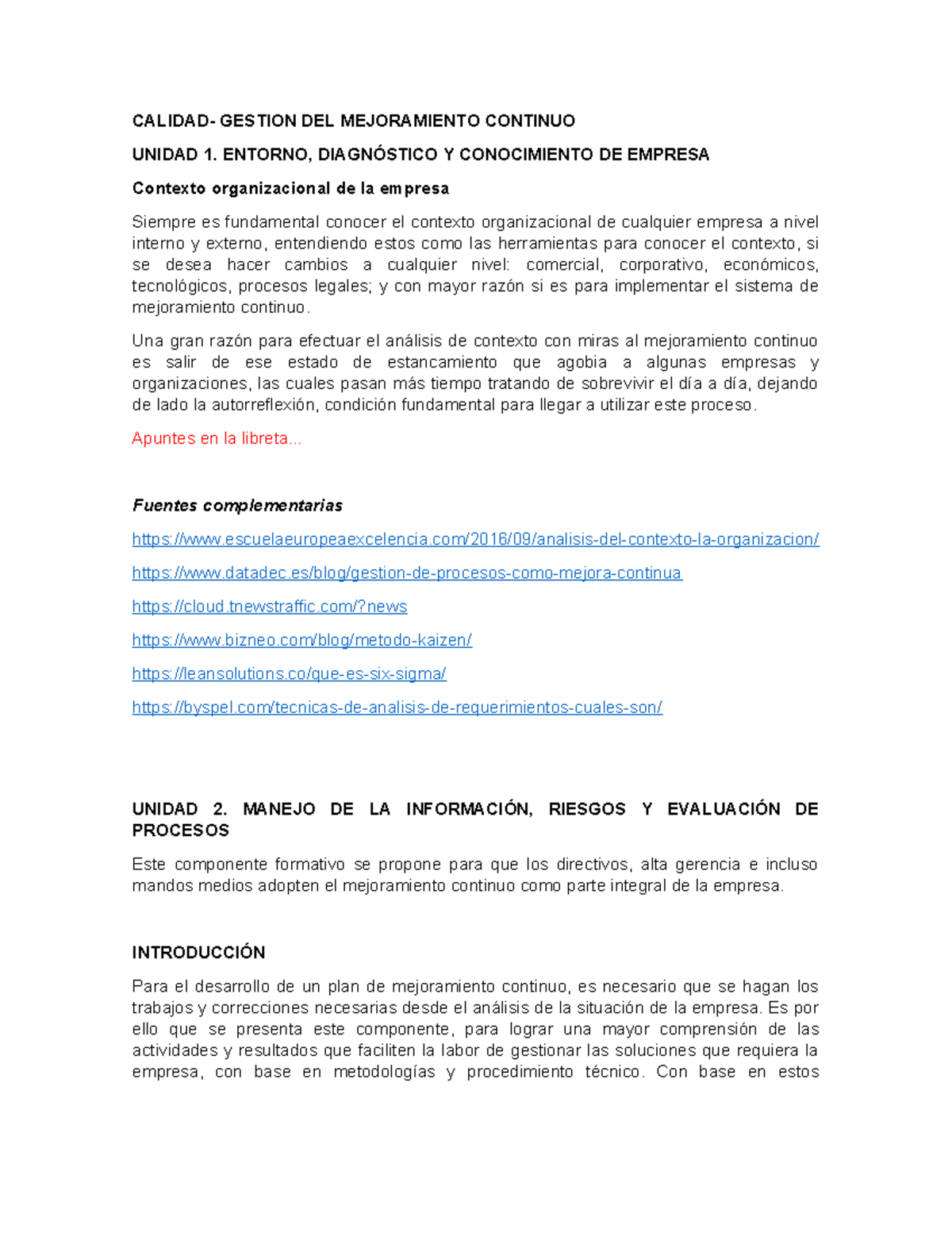 Apuntes de Calidad y Gestión del Mejoramiento Continuo - Curso 2023 ...