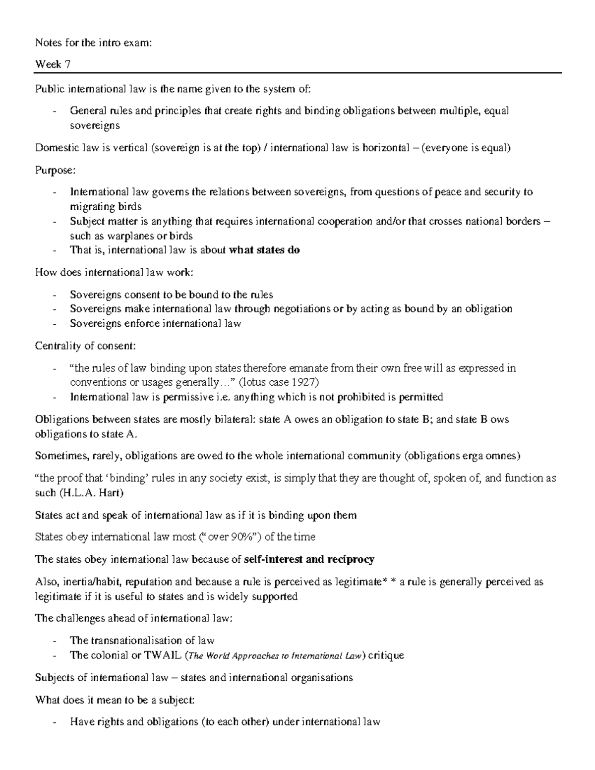 Exam Notes for Intro to Public International Law - Course Code GL ...