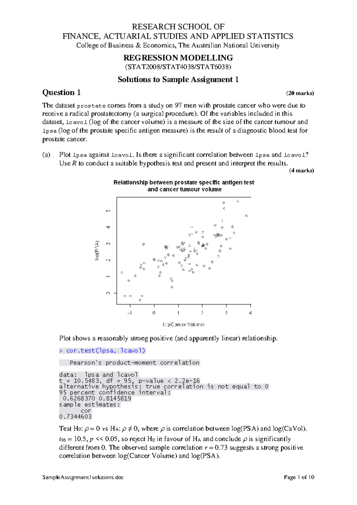Regression Modelling: Solutions to Sample Assignment 1 (FINC2001) - Studocu