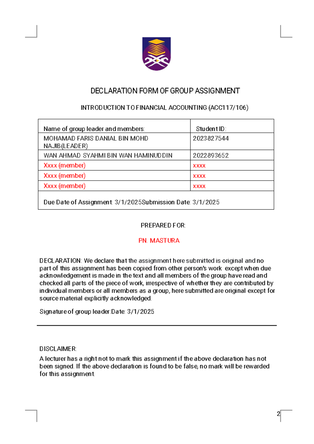 ACC117 Project gopal - not complete - DECLARATION FORM OF GROUP ...