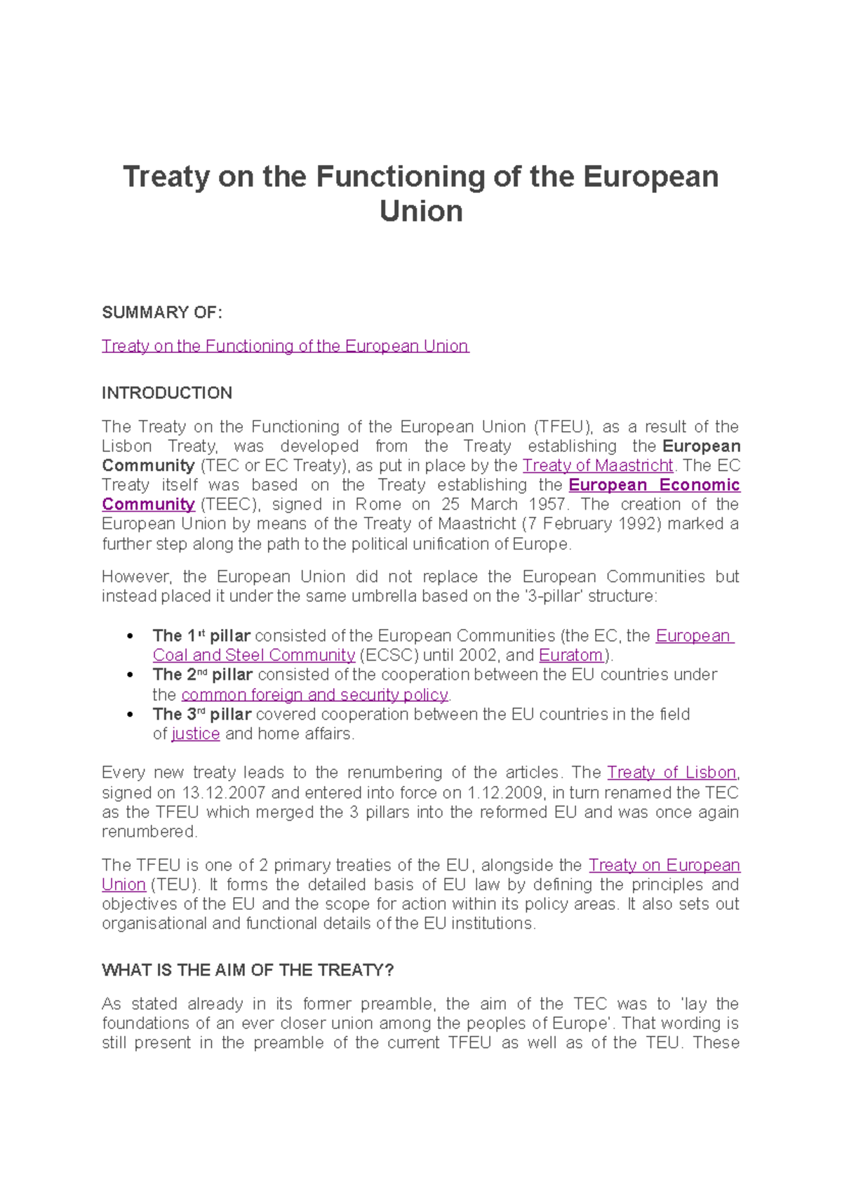 TFEU Summary: Key Aspects of EU Substantive Law and Principles ...