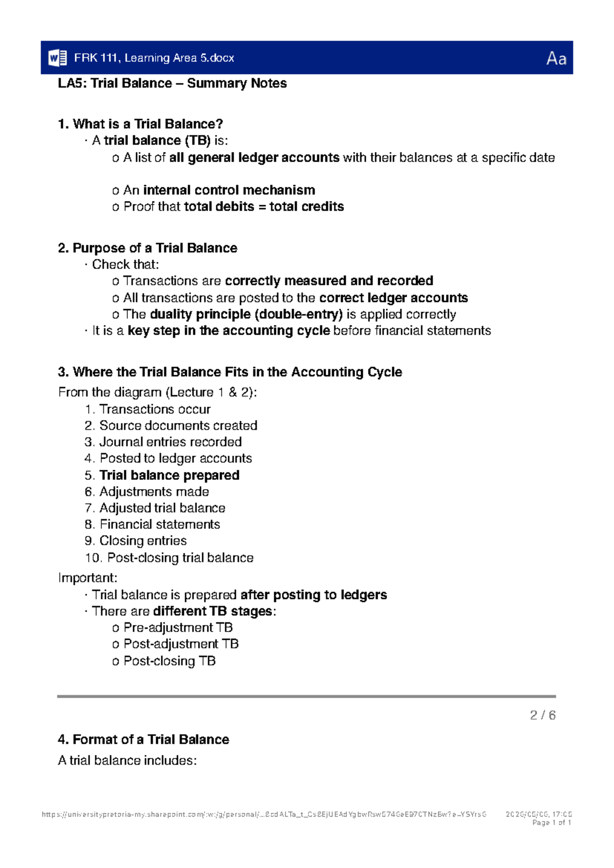 FRK 111: Trial Balance Summary Notes for Learning Area 5 - Studocu