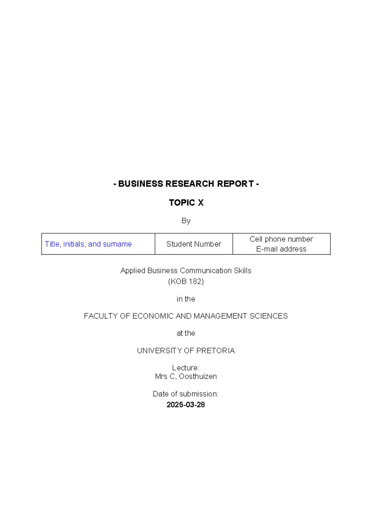 BRR final template - mmm - BUSINESS RESEARCH REPORT - TOPIC X By Title ...