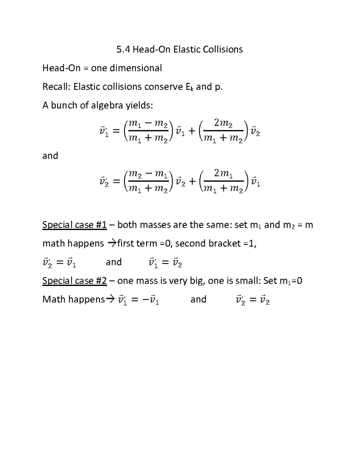 5.4 Head On Elastic Collisions - 5 Head-On Elastic Collisions Head-On ...