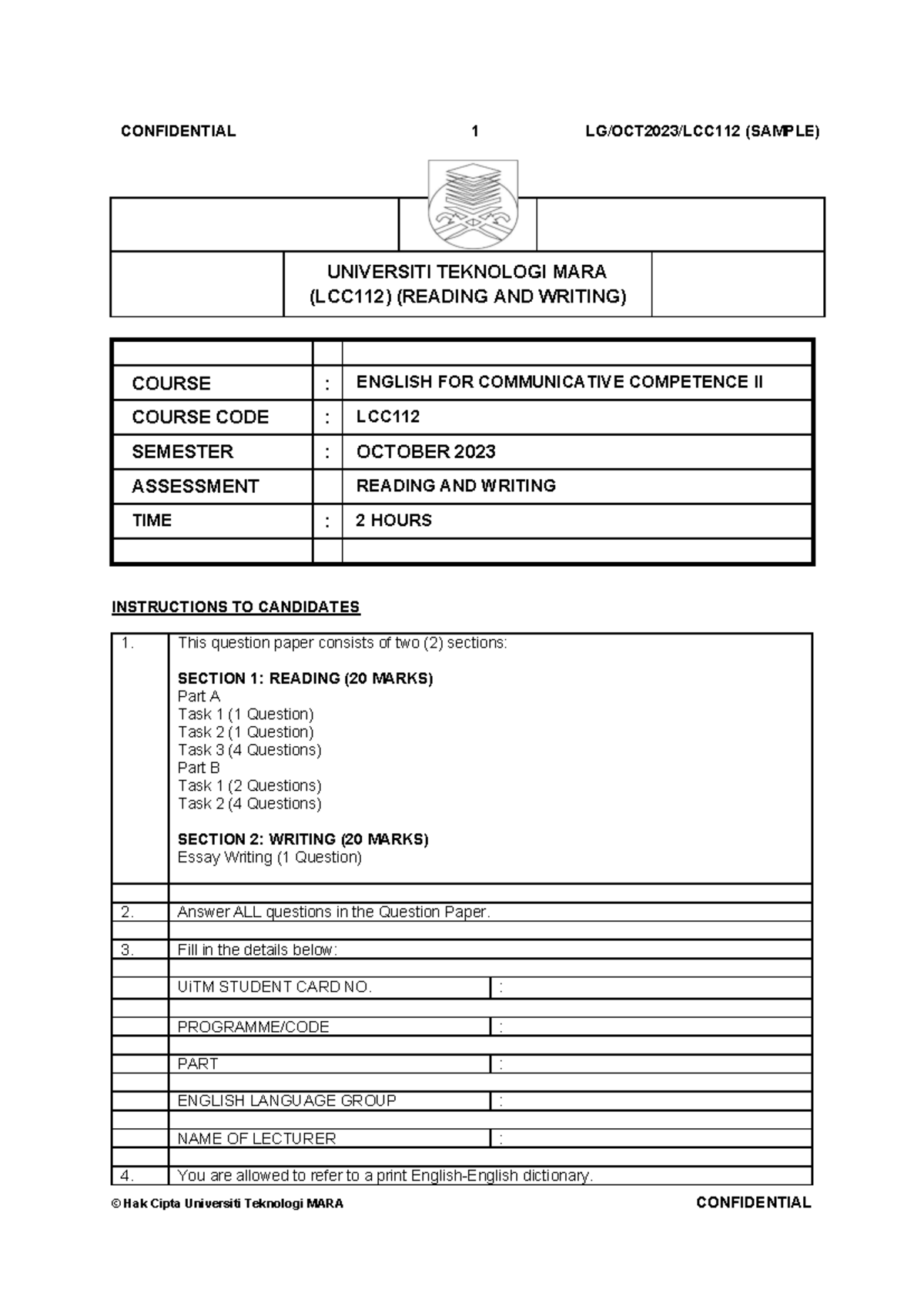 LCC112 October 2023 Assessment: Reading & Writing Exam Sample - Studocu