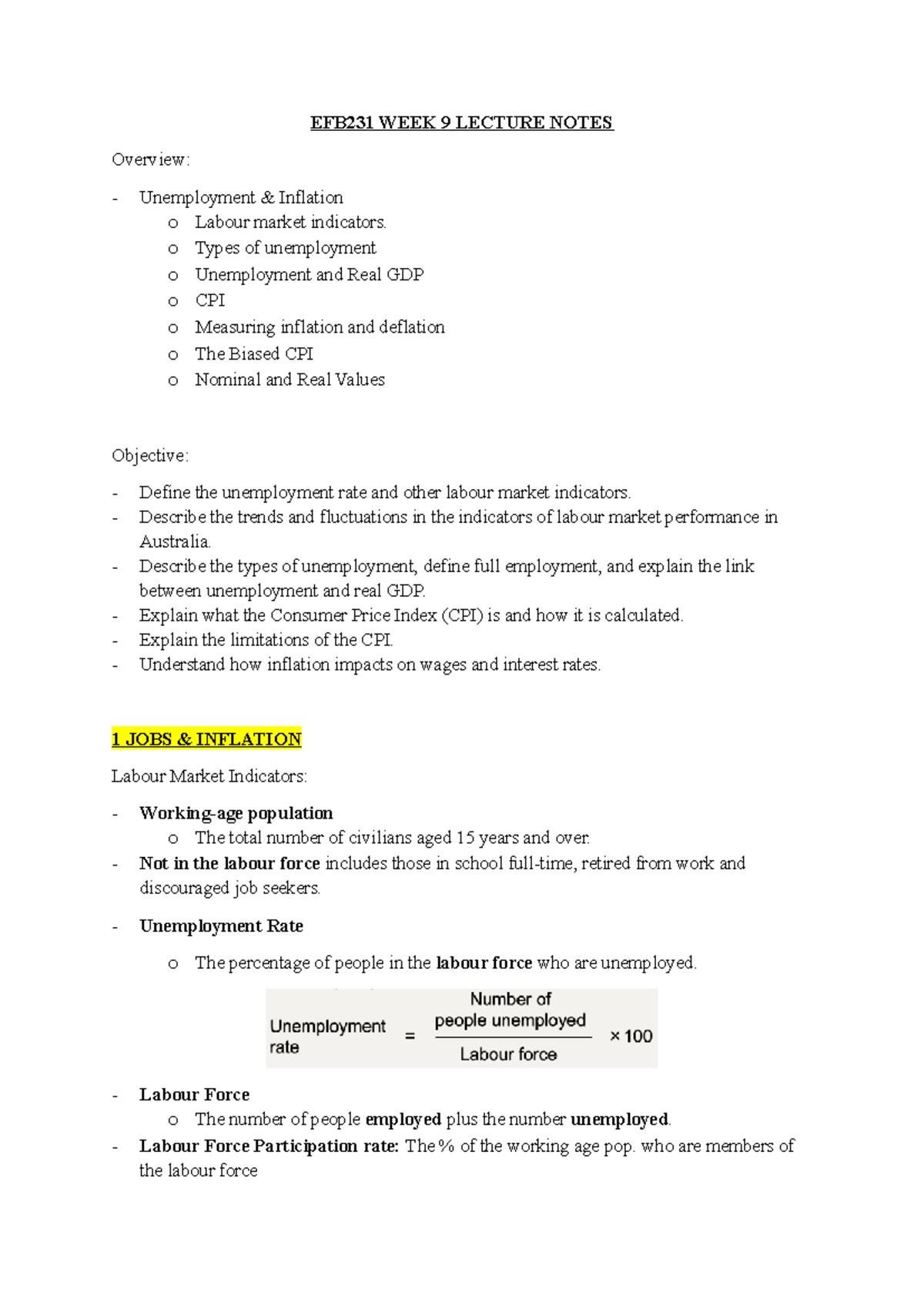 EFB231 WEEK 9 LECTURE NOTES: Unemployment & Inflation Insights - Studocu